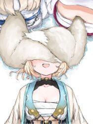 Rule 34 | 3girls, absurdres, blonde hair, blush, chest sarashi, dog tail, fuwawa abyssgard, fuwawa abyssgard (1st costume), haori, happy, highres, hololive, hololive english, japanese clothes, kazama iroha, kazama iroha (1st costume), lying, mococo abyssgard, mococo abyssgard (1st costume), multiple girls, on back, sarashi, sitting, suzu coconatu, tail, tail on face, virtual youtuber