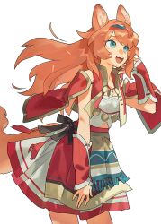 Rule 34 | 1girl, animal ears, blue eyes, capelet, commentary request, commission, cowboy shot, dog ears, dog girl, dog tail, korean commentary, long hair, looking to the side, orange hair, original, pazz 42, red capelet, red skirt, red vest, shirt, simple background, skirt, solo, tail, vest, white background, wind