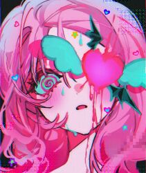 Rule 34 | 1girl, @ @, alien stage, bat wings, black wings, blood, blood on face, blush, commentary, green eyes, heart, highres, hiziri o0, long hair, mizi (alien stage), multicolored eyes, one eye covered, open mouth, pink blood, pink eyes, pink hair, portrait, solo, star (symbol), sweat, symbol-only commentary, two-tone eyes, white wings, wings