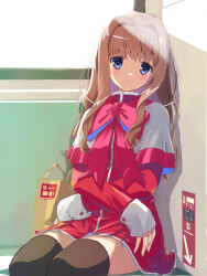 Rule 34 | 1girl, akayama yukihe, bag, black thighhighs, blue eyes, blush, bow, brown hair, capelet, closed mouth, commentary, cowboy shot, crossed arms, day, dress, frown, hair between eyes, hair intakes, highres, indoors, kanon, light rays, long hair, long sleeves, looking at viewer, misaka kaori, pink bow, red dress, school uniform, shopping bag, short dress, sidelocks, sitting, sleeves past wrists, solo, sunbeam, sunlight, thighhighs, thighs, train interior, wavy hair, white capelet, zettai ryouiki