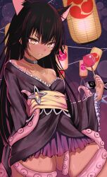 absurdres animal_ears black_choker black_hair black_kimono blush breasts candy_apple cat_ears choker collarbone dark-skinned_female dark_skin fang food hair_between_eyes highres japanese_clothes kimono kivara long_hair looking_at_viewer master_nemesis night night_sky outdoors skin_fang sky small_breasts star_(sky) starry_sky suction_cups tentacles to_love-ru to_love-ru_darkness wide_sleeves yellow_eyes
