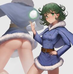 1girl absurdres alternate_costume ass belt blue_cape blue_coat blush bottomless breasts brown_belt cape casting_spell closed_mouth coat commentary cowboy_shot english_commentary from_behind fur-trimmed_coat fur_trim green_eyes green_hair hand_on_own_hip hand_up highres looking_at_viewer no_panties numanoan one-punch_man short_hair small_breasts tatsumaki