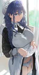 1girl absurdres apron black_dress blue_eyes blue_hair bow bow_panties braid breasts clothes_lift commentary curtains dress frilled_hat frills garter_straps hair_intakes hair_ribbon hat hews highres hololive hololive_english indoors large_breasts lifting_own_clothes long_hair long_sleeves low_twin_braids maid maid_apron mob_cap official_alternate_costume official_alternate_hairstyle ouro_kronii ouro_kronii_(maid) panties panties_over_garter_belt ribbon sidelighting sidelocks skirt skirt_lift solo thighhighs thighs twin_braids underwear victorian_maid virtual_youtuber white_apron white_panties white_ribbon window