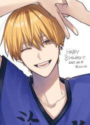 1boy arms_up basketball_jersey blonde_hair blue_shirt collarbone commentary_request dated earrings happy_birthday highres jewelry kiri_se kise_ryouta kuroko_no_basuke male_focus one_eye_closed open_mouth piercing shirt single_earring smile solo teeth twitter_username upper_body v-neck white_background