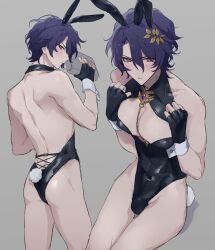 Rule 34 | 1boy, absurdres, animal ears, backless leotard, bare shoulders, black gloves, black leotard, book, closed mouth, collared leotard, commentary request, covered navel, crossdressing, dr. ratio (honkai: star rail), fake animal ears, fake tail, fingerless gloves, from behind, gloves, grey background, hair between eyes, hair ornament, hands up, highleg, highleg leotard, highres, holding, holding book, honkai: star rail, honkai (series), jiz (pffbq), leaf hair ornament, leotard, looking at viewer, male focus, male playboy bunny, multiple views, open mouth, orange eyes, pectoral cleavage, pectorals, purple hair, rabbit ears, rabbit tail, short hair, tail, white wrist cuffs, wrist cuffs