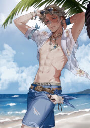 1boy absurdres arms_up beach blue_shorts bracelet dolphin_necklace eyewear_on_head face_piercing grey_eyes highres identity_v jewelry looking_at_viewer male_focus male_underwear male_underwear_peek minatoya_mozuku necklace nipples norton_campbell nose_piercing outdoors piercing shirt shorts solo sunglasses toned toned_male underwear white_shirt