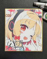 Rule 34 | 1girl, ;d, absurdres, animal ear headphones, animal ears, blonde hair, blue archive, blue necktie, blush stickers, bow, collared shirt, fake animal ears, hair bow, halo, hand up, headphones, highres, hood, hood down, hooded jacket, jacket, looking at viewer, momoi (blue archive), necktie, off shoulder, one eye closed, open mouth, photo (medium), red bow, red eyes, shikishi, shirt, smile, solo, sparkle, suspenders, traditional media, upper body, v, white jacket, white shirt, yuune (ayanepuna)