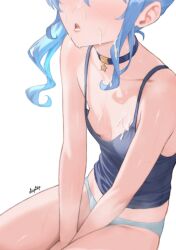 1girl absurdres after_ejaculation artist_name asymmetrical_sidelocks between_legs blue_camisole blue_choker blue_hair blue_tank_top blush breasts camisole choker collarbone commentary cum cum_in_mouth cum_on_body cum_on_chest cum_on_hair diptip english_commentary facial grey_panties hand_between_legs head_out_of_frame highres hololive hoshimachi_suisei medium_hair no_bra no_pants panties side_ponytail signature simple_background sitting small_breasts solo sweatdrop tank_top thighs tongue tongue_out underwear underwear_only virtual_youtuber white_background