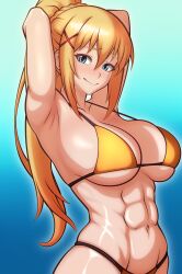 1girl abs armpits arms_behind_head bikini blonde_hair blue_eyes blush breasts cleavage darkness_(konosuba) highres kono_subarashii_sekai_ni_shukufuku_wo! large_breasts long_hair looking_at_viewer navel ponytail sideboob smile solo swimsuit underboob yellow_bikini