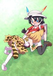Rule 34 | 2girls, all fours, animal ears, animal print, backpack, bag, bare shoulders, black gloves, black hair, black pantyhose, blonde hair, blue eyes, breasts, brown shoes, cat ears, cat girl, cat tail, commentary, elbow gloves, gloves, grass, hat, hat feather, head under another&#039;s clothes, highres, himehachi (hime8manga), kaban (kemono friends), kemono friends, medium breasts, multiple girls, on grass, pantyhose, pantyhose under shorts, red shirt, serval (kemono friends), shirt, shoes, short hair, short sleeves, shorts, sitting, skirt, sleeveless, sleeveless shirt, tail, thighhighs, under another&#039;s clothes, white bag, white hat, white shirt, white shoes, white shorts, yellow skirt
