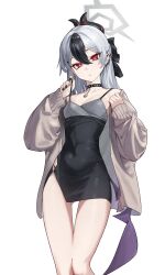 1girl absurdres black_choker black_dress black_hair black_horns blue_archive blush breasts choker cleavage closed_mouth collarbone commentary covered_navel demon_horns demon_wings dress ear_piercing earrings english_commentary feet_out_of_frame grey_hair grey_halo grey_jacket hair_between_eyes halo highres horns jacket jaihu jewelry kayoko_(blue_archive) kayoko_(dress)_(blue_archive) long_hair long_sleeves looking_at_viewer multicolored_hair official_alternate_costume open_clothes open_jacket piercing purple_wings red_eyes simple_background single_wing small_breasts solo white_background wings