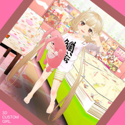 10s 1girl 3d barefoot blonde_hair blush child eyebrows feet female_focus full_body futaba_anzu idolmaster idolmaster_cinderella_girls kasukon long_hair looking_at_viewer open_mouth shirt_slip solo standing stuffed_animal stuffed_toy twintails v