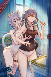 2girls :o absurdres animal_ears belt black_camisole blue_eyes breasts camisole cat_ears cat_girl cat_tail cipher_(honkai:_star_rail) commentary_request fang grabbing_another&#039;s_breast grabbing_from_behind grey_hair groping highres holding holding_toothbrush honkai:_star_rail honkai_(series) indoors isome long_hair medium_breasts multiple_girls nightgown panties short_hair_with_long_locks skin_fang stelle_(honkai:_star_rail) tail thigh_belt thigh_strap toothbrush trailblazer_(honkai:_star_rail) underwear white_nightgown white_panties yellow_eyes