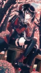 1boy armor black_hair black_hat black_shorts bob_cut boots cherry_blossoms closed_mouth collared_shirt earrings grey_hair grey_shirt hand_on_own_knee hand_up hankaku_sato hat jacket jewelry kyogoku_masamune lace-up_boots leather leather_boots long_sleeves multicolored_hair nail_polish on_bench outdoors red_eyes red_jacket red_nails shirt short_hair shorts shoulder_armor sitting streaked_hair thigh_strap tilted_headwear touken_ranbu tree