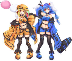 2girls absurdres akiteru_(akiteru98) alternate_costume alternate_hairstyle animal_ears arm_up armband bandeau bare_shoulders belt black_belt black_collar black_gloves black_legwear blonde_hair blue_coat blue_footwear blue_hair blue_shorts boots breasts cleavage coat collar commentary_request crescent_print criss-cross_halter dango facial_mark flat_cap food full_body gloves hair_between_eyes halterneck hand_up hat highres holding holding_food holding_mallet kine long_hair long_sleeves looking_at_viewer low-tied_long_hair mallet medium_breasts midriff mouth_hold multi-tied_hair multiple_girls navel off_shoulder open_clothes open_coat orange_boots orange_coat orange_headwear orange_shorts parted_lips rabbit_ears red_eyes ringo_(touhou) seiran_(touhou) short_hair short_shorts shorts sidelocks simple_background skindentation smile standing star_(symbol) star_print stomach thigh_strap thighhighs thighs touhou wagashi white_background wide_sleeves
