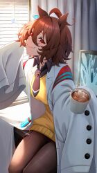 1girl absurdres agnes_tachyon_(umamusume) ahoge aki_yama73 black_necktie black_pantyhose breasts brown_hair chair chemical_structure closed_mouth coat cup curtains earrings hair_between_eyes hand_up highres holding holding_cup indoors jewelry lab_coat medium_breasts mug necktie pantyhose red_eyes short_hair short_necktie single_earring sitting smile solo sweater test_tube umamusume white_coat window window_blinds yellow_sweater