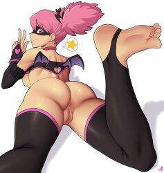 1girl anus artist_logo ass ass_focus bat_wings black_gloves black_thighhighs black_tube_top boku_no_hero_academia breasts elbow_gloves eye_mask eyebrows_hidden_by_hair eyelashes fake_wings female_focus foot_out_of_frame foot_up from_behind from_below gloves grin hand_up haneyama_kazuho huge_ass large_breasts logo looking_at_viewer looking_back lying matching_hair/eyes on_stomach pink_eyes pink_gloves pink_hair pink_tube_top profile pussy short_hair short_twintails simple_background smile solo stirrup_legwear strapless teeth theironmountain thighhighs toeless_legwear tube_top twintails two-tone_gloves two-tone_tube_top uncensored w white_background wings
