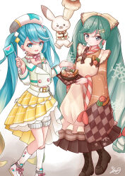 Rule 34 | 1other, 2girls, absurdres, animal ears, apron, aqua eyes, aqua hair, aqua nails, boots, brown boots, closed mouth, cropped jacket, crossed arms, dual persona, flag, food, fork hair ornament, frilled apron, frills, full body, hatsune miku, highres, holding, holding flag, ikraaa 204, jacket, long hair, long sleeves, magical mirai (vocaloid), magical mirai miku, magical mirai miku (2024), multiple girls, number earrings, oden, official alternate costume, official alternate hairstyle, open mouth, plaid clothes, plaid skirt, pleated skirt, rabbit ears, rabbit yukine, shoes, simple background, skirt, smile, snowflake print, spoon hair ornament, twintails, very long hair, vocaloid, white apron, white background, white jacket, white shoes, wide sleeves, yellow skirt, yuki miku, yuki miku (2024)