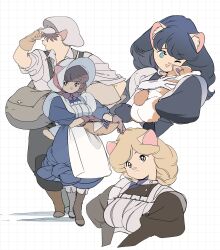 1boy 3girls absurdres animal animal_ears animal_nose apron back_bow bag basket black_dress black_hair blonde_hair blue_dress blue_eyes bonnet boots bow bowtie breasts brown_boots brown_gloves brown_hair cat_boy cat_ears cat_girl cat_tail closed_mouth covered_eyes cropped_torso dog dress edoya_inuhachi fluffy_hair food fruit full_body gloves grey_pants grid_background hair_over_eyes hand_on_headwear hand_up happy hashtag-only_commentary hat head_tilt highres holding holding_animal holding_bag holding_basket juliet_sleeves long_dress long_hair long_sleeves looking_at_animal looking_to_the_side maid medium_breasts medium_hair multiple_girls newsboy_cap one_eye_closed open_mouth original pants puffy_sleeves purple_bow purple_gloves raspberry shadow shirt short_hair shoulder_bag simple_background smile snout suspenders tail victorian_maid walking welsh_corgi white_apron white_background white_bonnet white_bow white_gloves white_hat white_shirt yellow_eyes