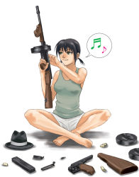 1girl assembling bad_id bad_pixiv_id barefoot black_eyes black_hair character_request crossed_legs drum_magazine earrings fedora feet female_focus gangster gun hat indian_style jewelry magazine_(weapon) musical_note quaver shorts sitting solo source_request speech_bubble spoken_musical_note spread_legs submachine_gun tank_top thompson_submachine_gun tomoshiki twintails weapon