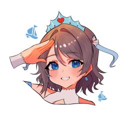 1girl blue_eyes blush brown_hair clothing_cutout earrings frills grey_hair hair_ribbon hand_up highres jewelry koi_ni_naritai_aquarium love_live! love_live!_sunshine!! ribbon rochie salute ship simple_background smile solo tiara upper_body watanabe_you watercraft wavy_hair