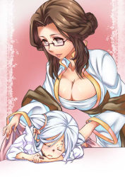 2girls age_difference arunafeltz_pope breasts brown_hair child chocolate cleavage glasses huge_breasts large_breasts long_hair multiple_girls niren niren_(ragnarok_online) ragnarok_online ribbon semi-rimless_eyewear sleeping under-rim_eyewear white_hair
