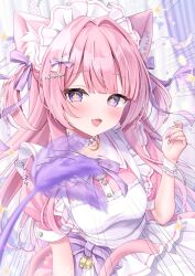1girl animal_ear_fluff animal_ears apron bell blunt_bangs blush bow breasts cat_ears cat_girl cat_tail cat_teaser choker frilled_choker frills hair_bow hair_intakes hair_ornament long_hair looking_at_viewer maid maid_apron maid_headdress nail_polish natsuk1tom original pink_hair puffy_short_sleeves puffy_sleeves purple_bow purple_eyes short_sleeves small_breasts smile solo tail waist_bow