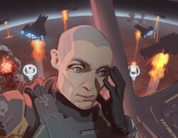 1boy bulletproof_vest cape explosion gloves hand_on_own_face helldiver_(helldivers) helldivers_(series) highres military_uniform mushroom_cloud oppenheimer_(movie) pacpoi planet shaved_head skull solo space spacecraft