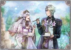 1boy 1girl alternate_costume male_byleth_(enlightened)_(fire_emblem) male_byleth_(fire_emblem) cake closed_eyes closed_mouth dress fire fire_emblem fire_emblem:_three_houses flower food fork formal_clothes green_eyes green_hair hair_ornament happy hetero holding holding_cake holding_food holding_fork husband_and_wife kari_avalon long_hair long_sleeves lysithea_von_ordelia nintendo open_mouth plate shirt short_hair smile suit tiara upper_body veil wedding wedding_cake wedding_dress white_dress white_hair