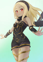 1girl bare_shoulders black_scarf blonde_hair closed_mouth dark-skinned_female dark_skin dress gravity_daze hairband highres kitten_(gravity_daze) long_hair looking_at_viewer red_eyes scarf sktkhr smile solo strapless vambraces