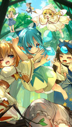 6+girls :o absurdres arm_up ass barefoot black_footwear black_hair black_hat blonde_hair bloomers blue_bow blue_dress blue_eyes blue_hair blush bow broom broom_riding cirno closed_eyes cloud daiyousei day dress fairy fairy_wings floating flower green_eyes green_hair hair_bow hair_flower hair_ornament hat highres ice kirisame_marisa kourou_(kouroukun) levitation lily_white long_hair luna_child medium_hair multiple_girls outdoors side_ponytail socks star_sapphire sunny_milk touhou tree underwear white_hat white_socks wide_sleeves wings