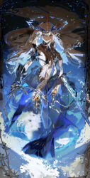 1girl absurdly_long_hair absurdres armored_gloves black_dress blonde_hair blue_eyes blue_hair breasts chinese_commentary closed_mouth colored_inner_hair commentary_request crown_of_thorns dress fleurdelys_(wuthering_waves) highres holding holding_sword holding_weapon horns large_breasts long_hair long_horns looking_at_viewer multicolored_hair pointy_ears redum4 single_horn solo sword tabard very_long_hair weapon white_tabard wuthering_waves yellow_horns