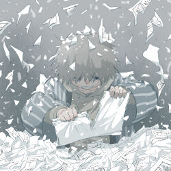 Rule 34 | 1boy, absurdres, avogado6, black eyes, drawstring, grey background, grey hair, grey hoodie, highres, holding, holding paper, hood, hood down, hoodie, male focus, manga (object), original, paper, robe, short hair, simple background, solo, tearing paper, torn paper