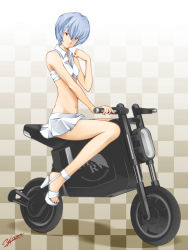 1girl ann_yosh ayanami_rei bare_legs bare_shoulders bicycle blue_hair breasts checkered_background female_focus gradient_background high_heel_sandals high_heels highres legs looking_at_viewer midriff miniskirt moped motor_vehicle nail_polish navel neon_genesis_evangelion nerv open_shoes platform_footwear platform_heels pleated_skirt red_eyes sandals shoes short_hair sitting skirt small_breasts solo white_footwear white_heels white_skirt yamaha yamaha_bobby_2007