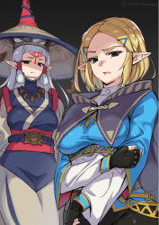2girls black_pants blonde_hair blue_tunic braid breasts cape commentary_request crown_braid disgust dress fingerless_gloves gloves green_eyes hair_ornament hairclip holding_own_arm jewelry large_breasts long_hair looking_at_viewer monbetsu_kuniharu multiple_girls necklace nintendo pants paya_(zelda) pointy_ears princess_zelda red_eyes sheikah short_hair standing the_legend_of_zelda the_legend_of_zelda:_tears_of_the_kingdom tight_clothes tight_pants tunic twitter_username upper_body white_hair