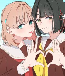 2girls :p aqua_eyes black_hair blue_background blunt_bangs blunt_ends blush bob_cut brown_dress cerise_bouquet closed_mouth commentary_request dress flower flower_knot four-finger_heart_hands green_eyes hair_flower hair_intakes hair_ornament hasu_no_sora_school_uniform heart heart_hands heart_hands_duo highres hinoshita_kaho link!_like!_love_live! long_hair long_sleeves looking_at_viewer love_live! medium_hair momose_ginko multiple_girls neckerchief potu_sabu rabbit_hair_ornament red_neckerchief sailor_collar sailor_dress school_uniform short_hair sidelocks split_mouth tongue tongue_out two_side_up upper_body virtual_youtuber white_flower white_sailor_collar winter_uniform yellow_neckerchief
