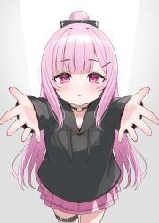 1girl :o black_bow black_hoodie blush bow commentary_request drawstring hair_bow hair_ornament hairclip highres hood hood_down hoodie incoming_hug long_hair long_sleeves looking_at_viewer original parted_lips pink_hair pink_skirt pleated_skirt ponytail purple_eyes reaching reaching_towards_viewer skirt sleeves_past_wrists solo tsukiman very_long_hair