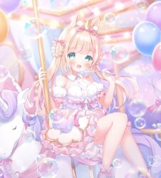 1girl :d animal_ears balloon bare_shoulders blonde_hair blush boots bow braid braided_hair_rings breasts bubble bubble_pipe carousel commentary_request crown dated glint gold_crown green_eyes hair_bow hair_rings highres holding holding_pole long_hair looking_at_viewer mini_crown off-shoulder_shirt off_shoulder omochi_monaka open_mouth original pink_bow pink_skirt pole puffy_short_sleeves puffy_sleeves purple_boots rabbit_ears riding shirt short_sleeves signature skirt smile solo twintails twitter_username white_shirt yume_kawaii
