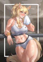 Rule 34 | absurdres, animal ear fluff, animal ears, arknights, blonde hair, breasts, brown eyes, commission, cowboy shot, gym shirt, gym shorts, highres, holding, holding towel, horse ears, horse girl, horse tail, implied extra ears, kouta42579530, large breasts, muscular, muscular female, nearl (arknights), nearl the radiant knight (arknights), shirt, shorts, sweat, tail, towel, wristband