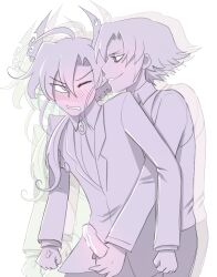 2boys ahoge bad_id bad_source bad_tumblr_id blush clenched_hands collared_shirt cum demon_boy demon_horns formal_clothes fumus_(funamusea) funamusea gallaxi handjob horns incest licorice_(funamusea) looking_at_another monochrome multiple_boys necktie one_eye_closed pants penis penis_out shirt short_hair suit teeth uncle_and_nephew veins yaoi zoom_layer