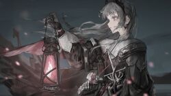1girl absurdres ammunition ammunition_belt arknights black_gloves blurry blurry_background earrings fire floating_earring from_side gloves grey_eyes grey_hair highres holding holding_lantern irene_(arknights) jewelry lantern long_hair night night_sky nueegochi puffy_sleeves scar scar_across_eye scar_on_face sky solo sword tiara upper_body weapon