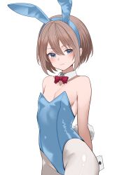 Rule 34 | 1girl, absurdres, animal ears, blanc (neptunia), blue eyes, bow, bowtie, breasts, brown hair, commentary, detached collar, english commentary, fake animal ears, fake tail, hair between eyes, highres, leotard, looking at viewer, neptune (series), pantyhose, rabbit ears, red bow, red bowtie, short hair, simple background, small breasts, solo, strapless, strapless leotard, tail, white background, white pantyhose, white wrist cuffs, wrist cuffs, xueli shimazaki