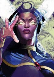1girl artist_name blonde_hair blue_cape bodysuit breasts cape commentary dark-skinned_female dark_skin english_commentary gem glowing glowing_eyes hand_up headdress highres jewelry large_breasts lightning lips long_hair looking_at_viewer marvel pendant purple_background purple_bodysuit red_gemstone smile solo storm_(x-men) superhero_costume teeth two-tone_background upper_body uzuri_art v-shaped_eyebrows wavy_hair white_background x-men