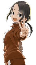 :d absurdres black_eyes black_hair breasts collar collared_jacket commentary_request hair_tie highres jacket manemane_nichinichi nagisa_akane open_mouth ponytail red_jacket red_shorts short_sleeves shorts simple_background small_breasts smile track_jacket v white_background yamamoto_souichirou