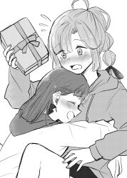 2girls :d ahoge anyoji_hime anyoji_hime_(winter_loungewear) blush commentary_request fanfiction_available flying_sweatdrops gift greyscale hair_intakes highres holding holding_gift hug kachimachi_kosuzu kachimachi_kosuzu_(summer_loungewear) link!_like!_love_live! long_hair long_sleeves looking_at_another love_live! monochrome multi-tied_hair multiple_girls namazakana_kuenai nose_blush official_alternate_costume open_mouth ponytail shorts sidelocks simple_background smile surprise_hug sweatdrop virtual_youtuber white_background yuri