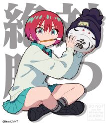 1girl amate_yuzuriha aqua_eyes aqua_skirt gundam gundam_gquuuuuux hat highres holding holding_brush ink long_sleeves looking_at_viewer melciort necktie paintbrush red_hair robot school_uniform shirt short_hair skirt sweater