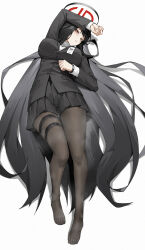 1girl arm_on_own_head arm_up black_hair black_jacket black_pantyhose black_skirt blue_archive breasts chinese_commentary clock commentary full_body halo highres jacket large_breasts long_hair looking_at_viewer lying making-of_available no_shoes on_back pantyhose pleated_skirt rio_(blue_archive) shi_ling_fangcheng simple_background skirt solo steam suit_jacket thigh_strap thighs toes watch white_background wristwatch