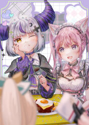 4girls ahoge animal_ears black_dress black_jacket black_nails blonde_hair blush collared_shirt demon_girl demon_horns dress fork grey_hair hakui_koyori hakui_koyori_(dark_maid) highres holding holding_fork hololive horns jacket kazama_iroha la+_darknesss la+_darknesss_(casual) long_hair multiple_girls nail_polish official_alternate_costume one_eye_closed pink_hair pointy_ears ponytail purple_hair shirt short_hair toujou_kanon twintails virtual_youtuber white_shirt wolf_ears wolf_girl yellow_eyes