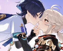 2boys armor black_gloves black_hair black_sleeves blunt_ends blush closed_eyes closed_mouth fingerless_gloves genshin_impact gloves hair_between_eyes hair_ornament highres imminent_kiss japanese_clothes kaedehara_kazuha low_ponytail male_focus multicolored_hair multiple_boys open_mouth ponytail red_eyes red_hair rrr_gns_(riuriu_1212) scaramouche_(genshin_impact) short_hair short_sleeves shoulder_armor streaked_hair vision_(genshin_impact) wanderer_(genshin_impact) white_hair yaoi