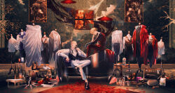 Rule 34 | 2boys, absurdres, apple, blood, book, book stack, boots, bottle, briefcase, brothers, coat, commentary, couch, cup, dress shoes, english commentary, food, fruit, frying pan, gun, handgun, highres, instrument, knife, male focus, mannequin, menu, millions knives, mini piano, multiple boys, no socks, pants, piano, rope, shoes, siblings, sitting, spoon, trigun, trigun stampede, unworn boots, unworn shoes, vash the stampede, wallpaper (object), weapon, white pants, window, wine bottle, wooden floor, yakikesen